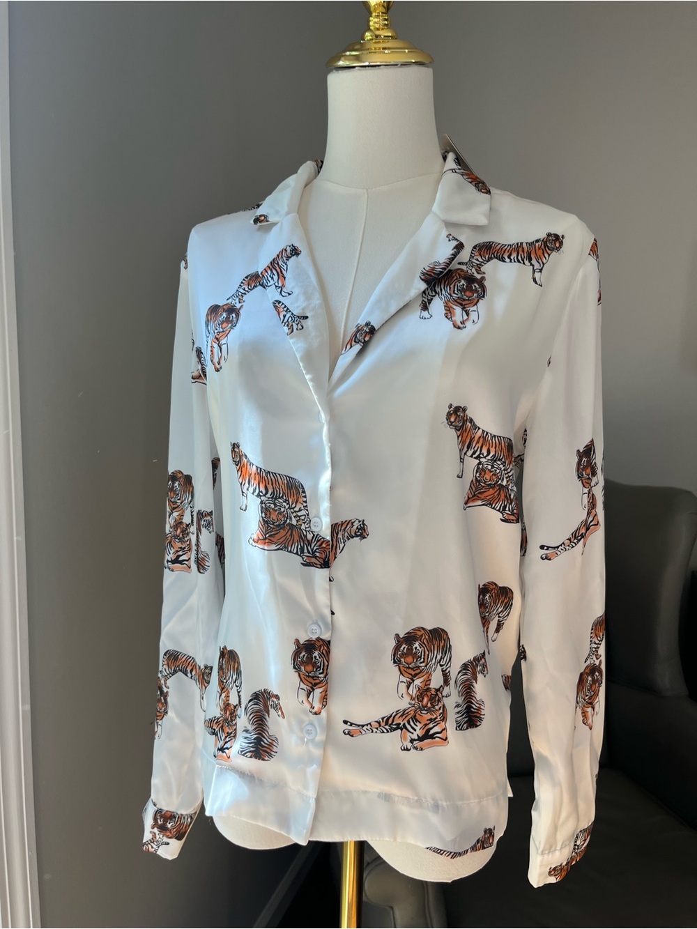 White chiffon Tiger-Print Long Sleeve Blouse-NEW WITH TAGS- Small- Football game
